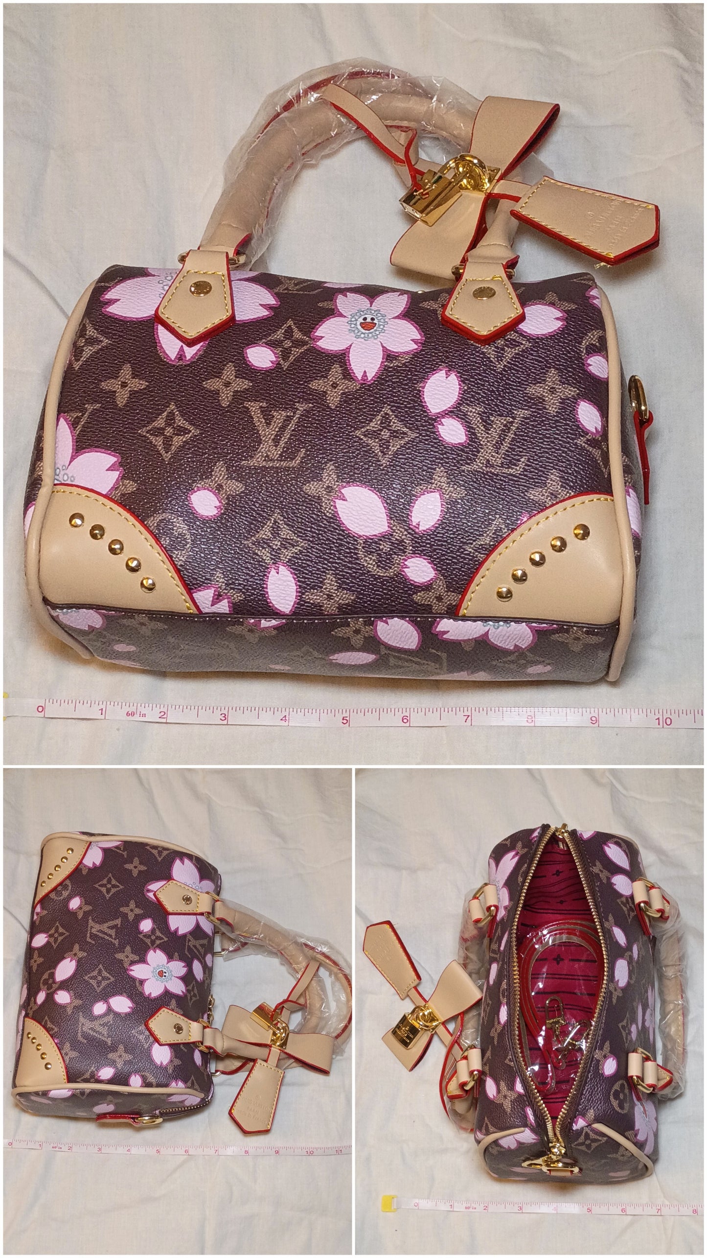 Brown Mono Speedy With Flowers Purse