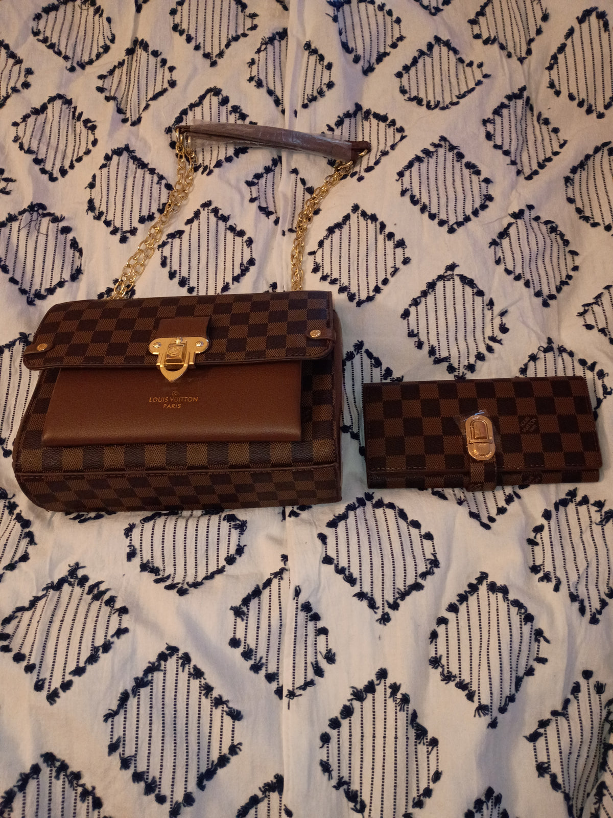 Brown Checkered Purse And Wallet Set