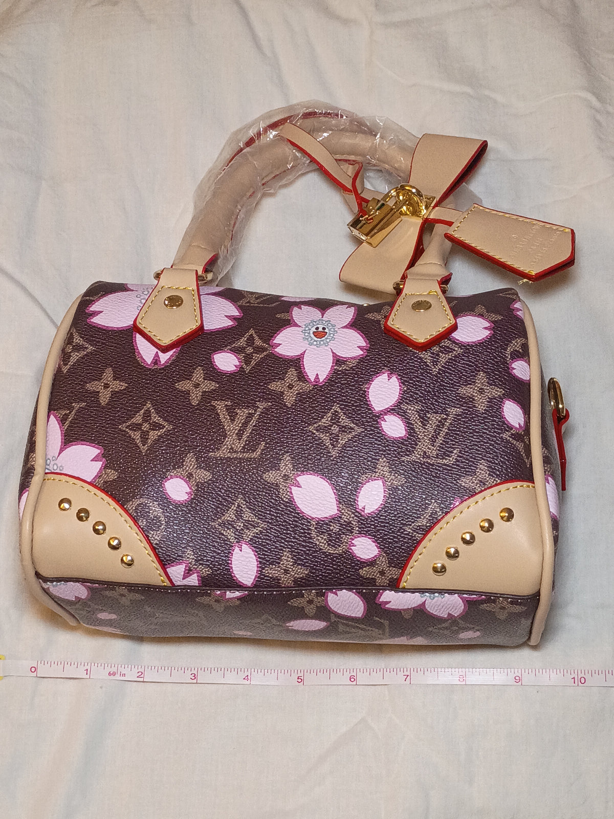 Brown Mono Speedy With Flowers Purse
