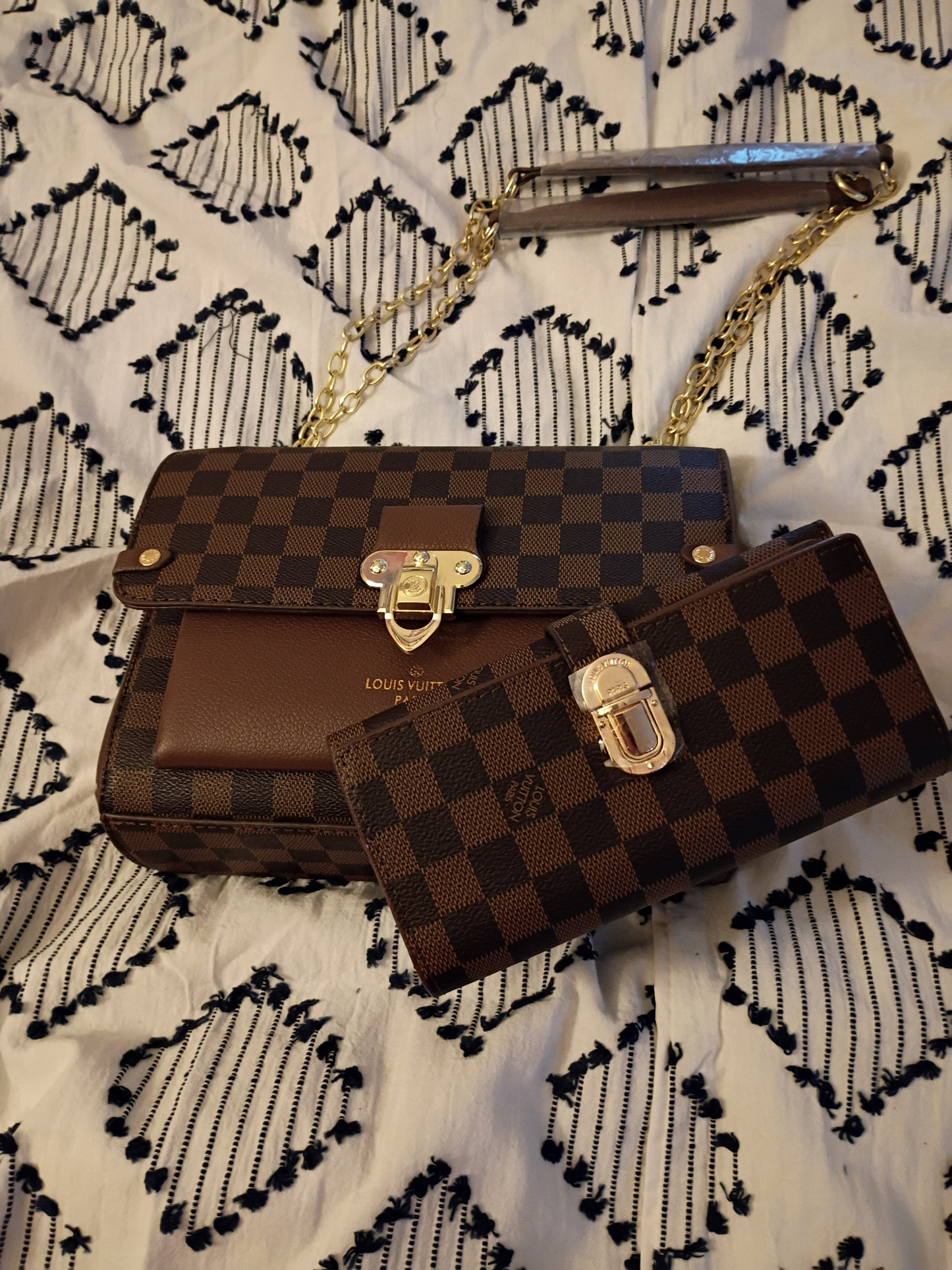 Brown Checkered Purse And Wallet Set