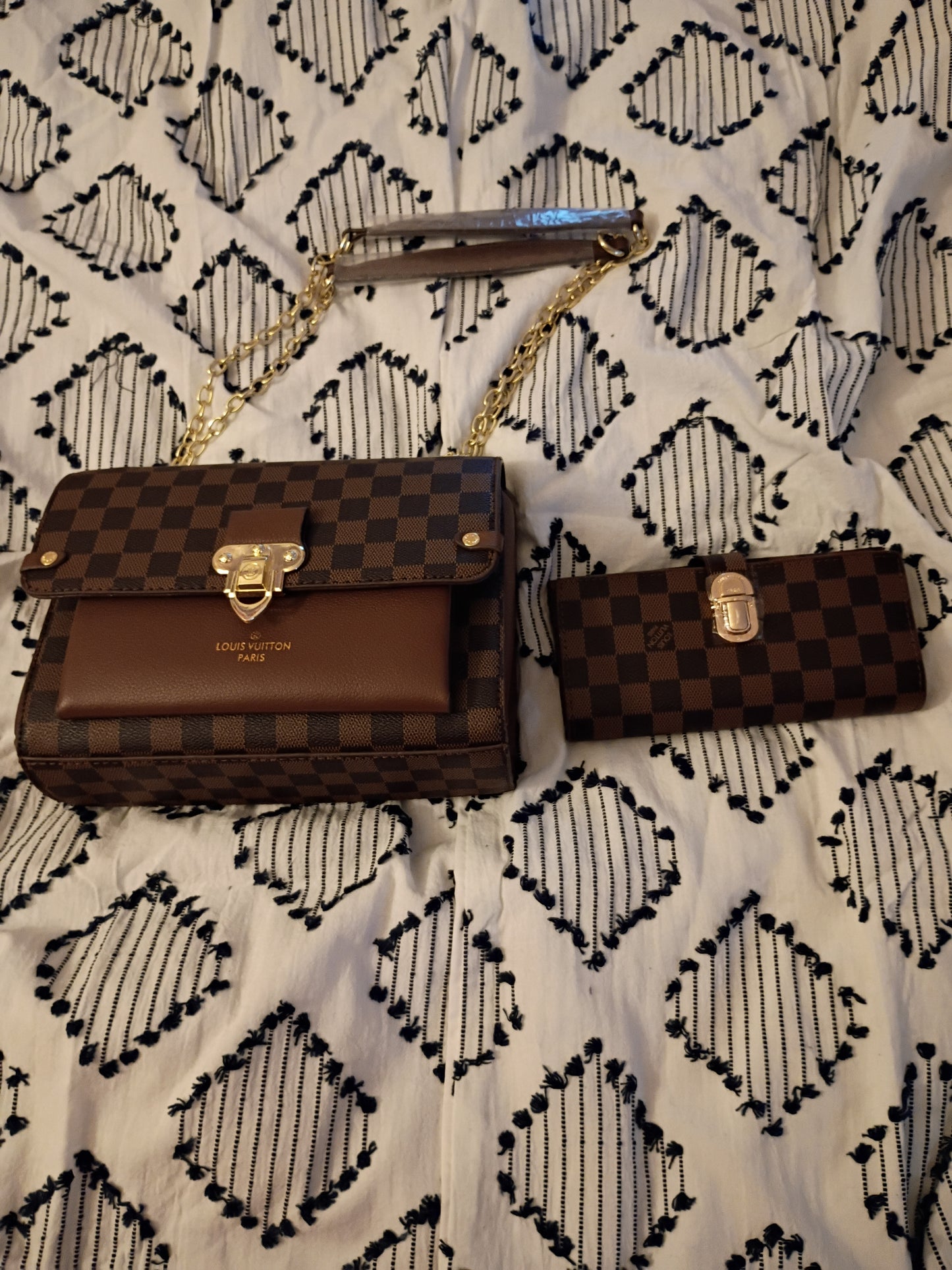 Brown Checkered Purse And Wallet Set