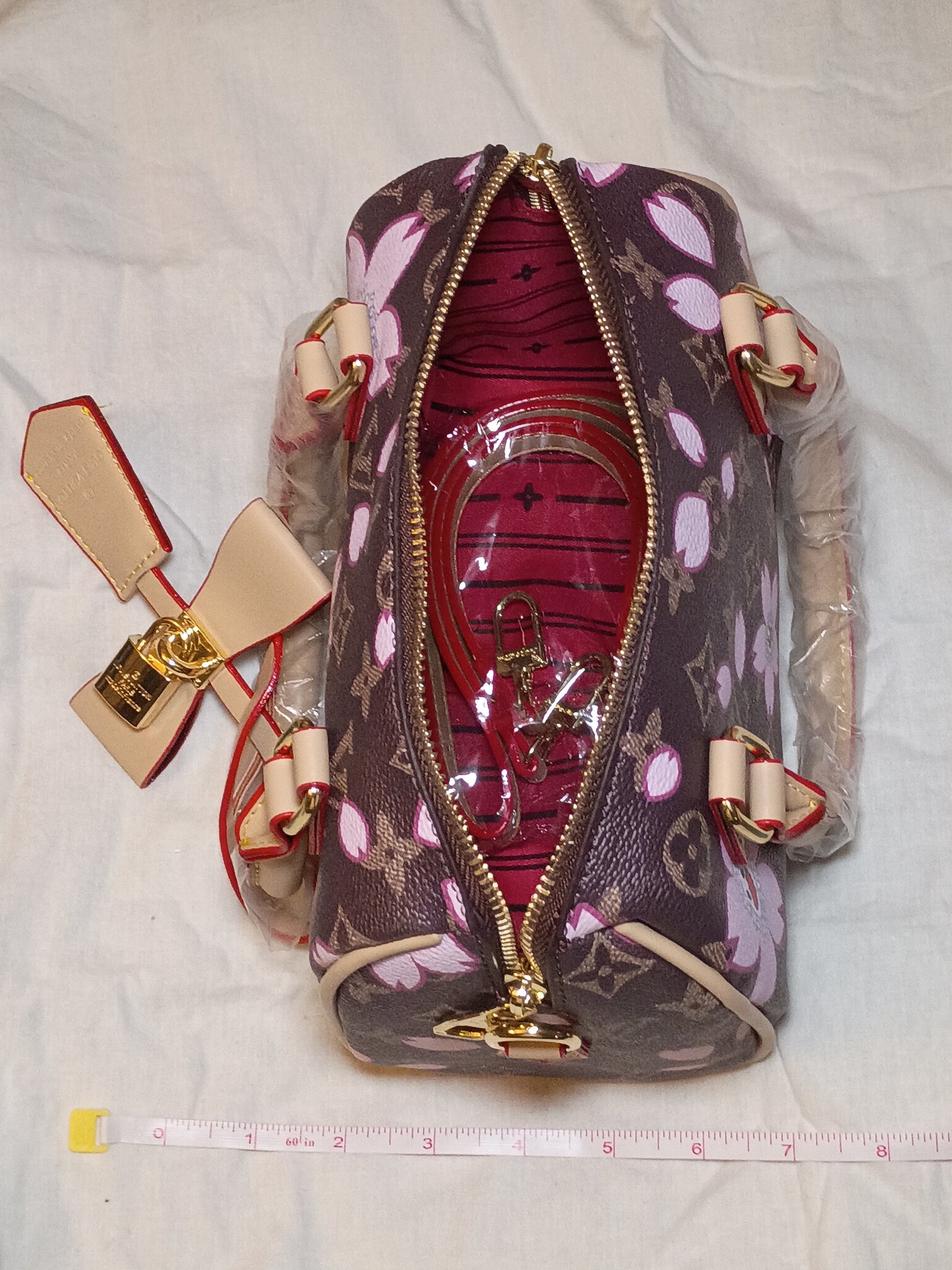 Brown Mono Speedy With Flowers Purse
