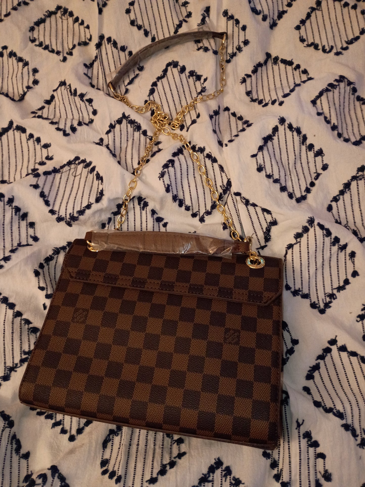 Brown Checkered Purse And Wallet Set