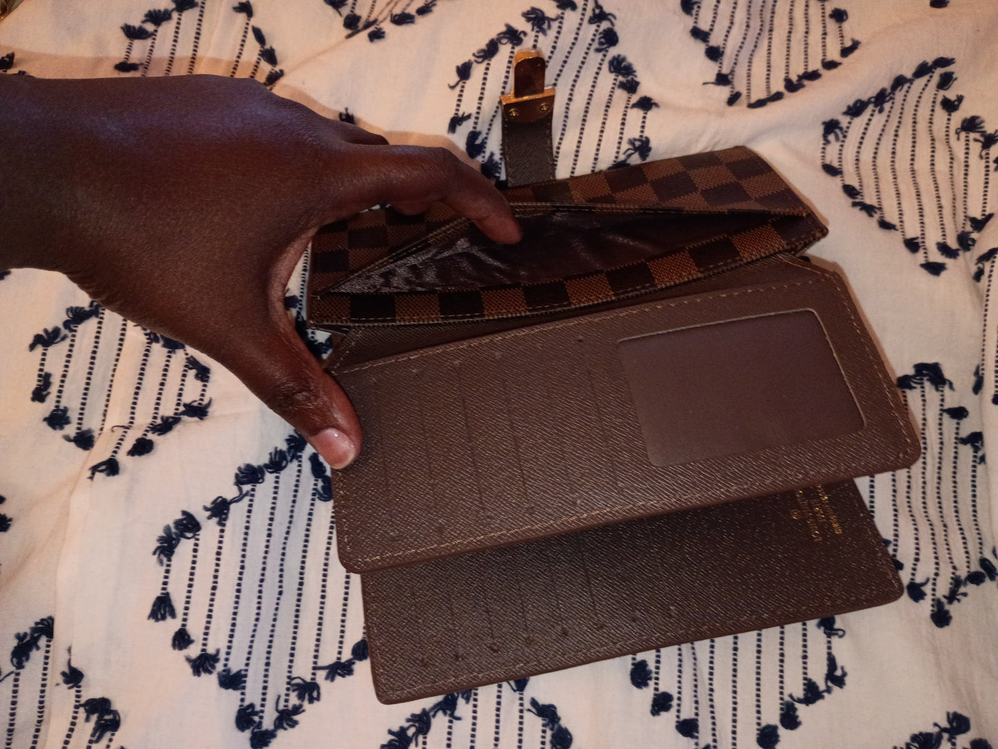 Brown Checkered Purse And Wallet Set