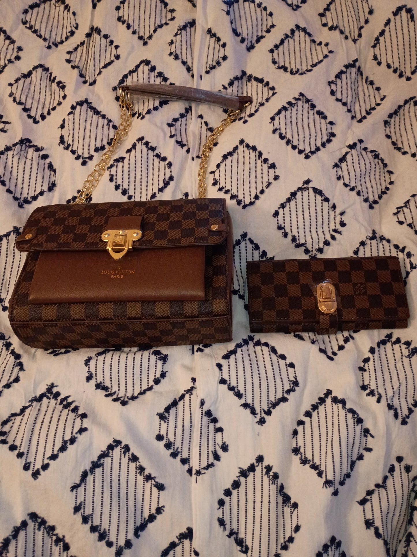 Brown Checkered Purse And Wallet Set
