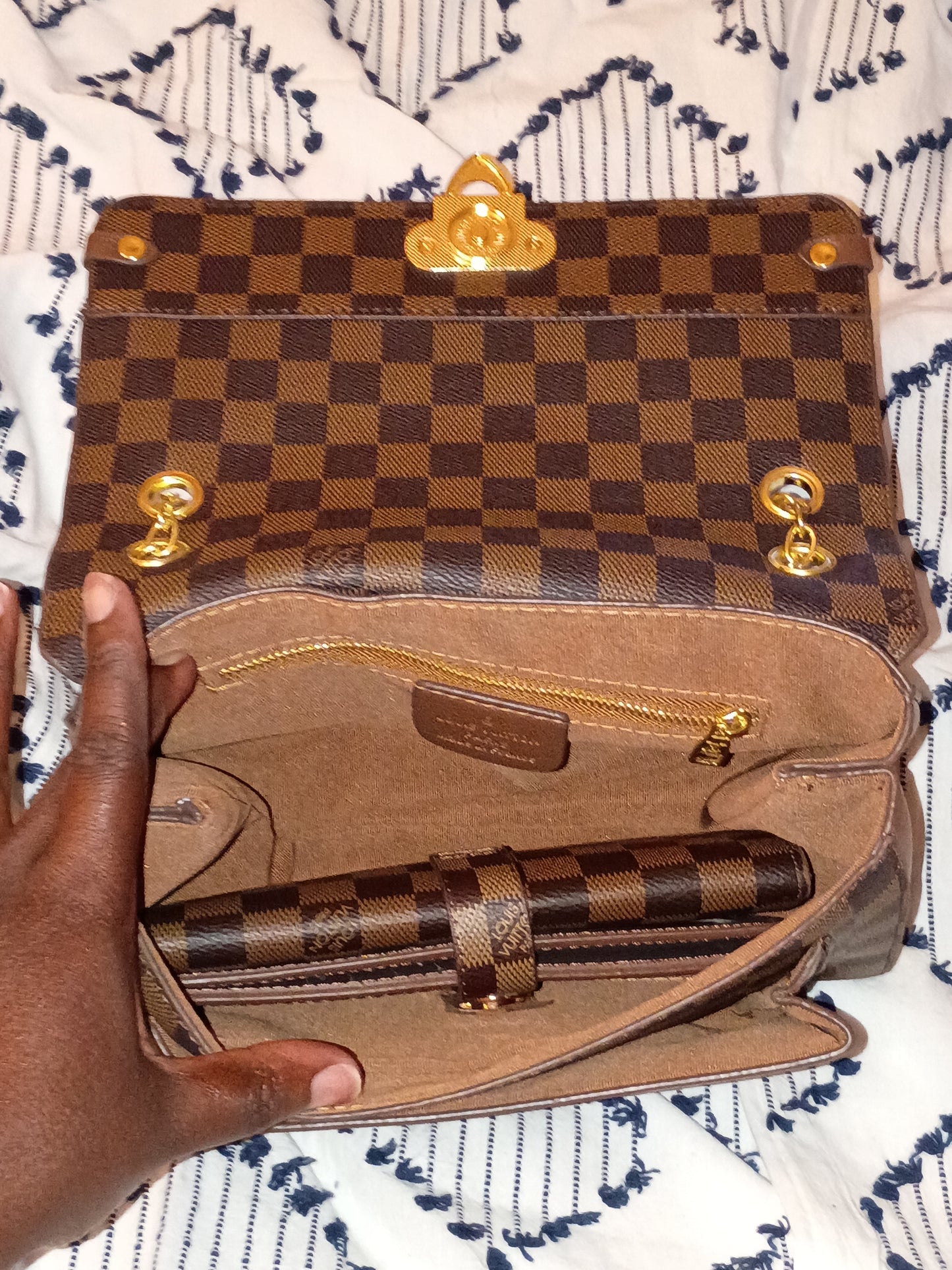 Brown Checkered Purse And Wallet Set
