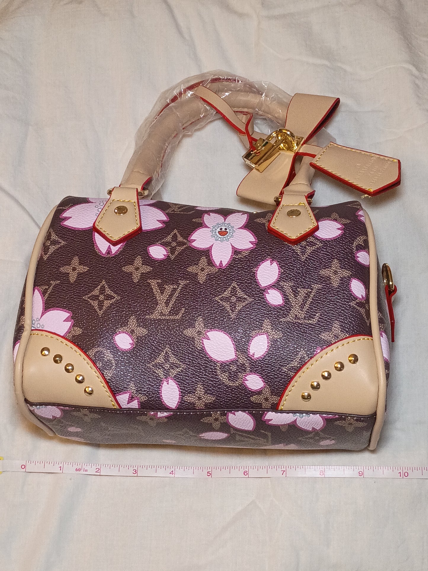 Brown Mono Speedy With Flowers Purse