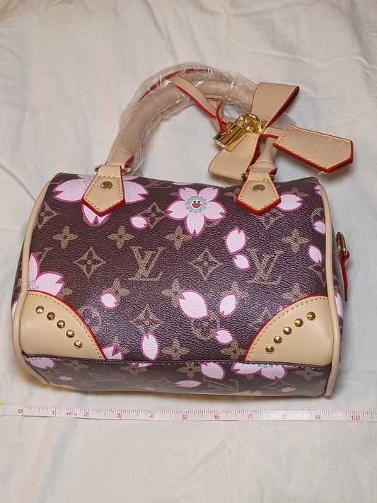 Brown Mono Speedy With Flowers Purse